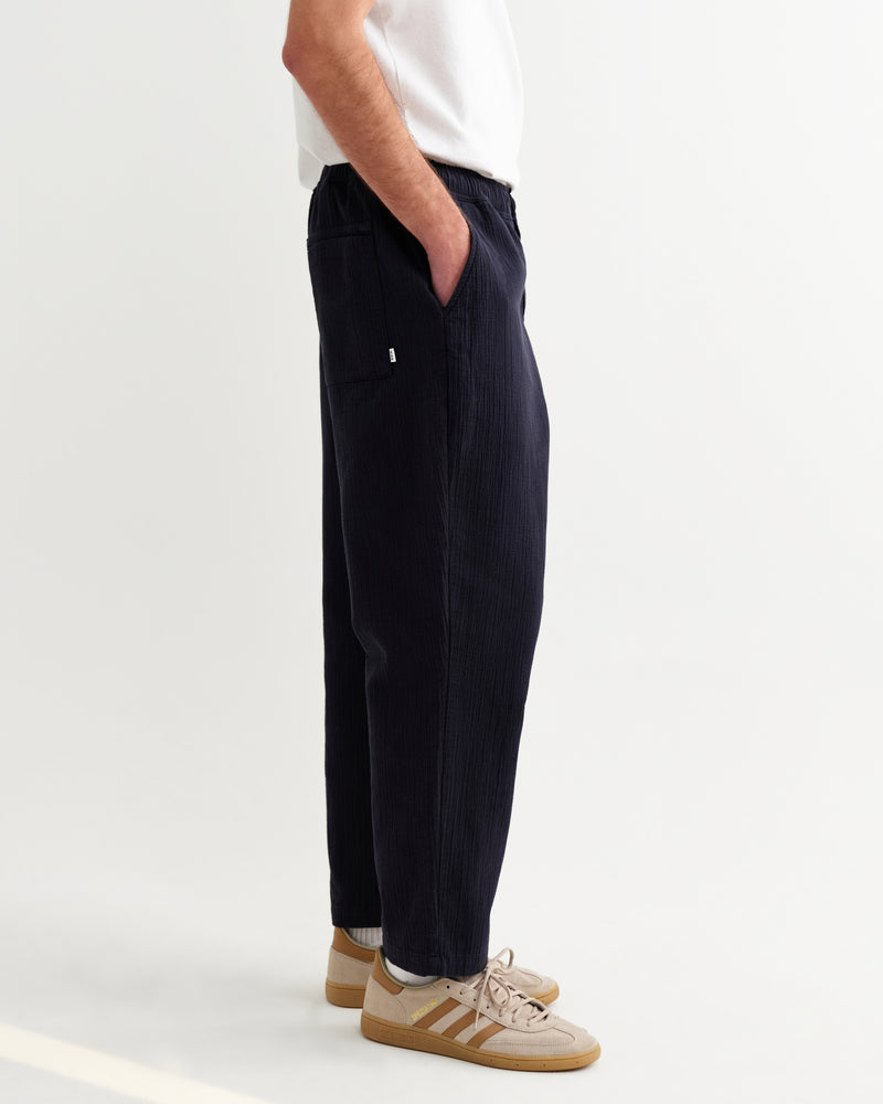 Men's Navy Crinkle Cotton-Linen Trousers | Wax London