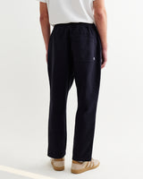 wax london men's Kurt - Navy Crinkle Cotton-Linen Relaxed Fit Trousers