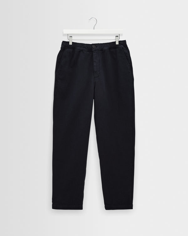 wax london men's Kurt - Navy Crinkle Cotton-Linen Relaxed Fit Trousers