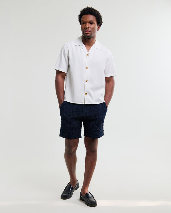 wax london men's Kurt - Navy Crinkle Cotton-Linen Shorts