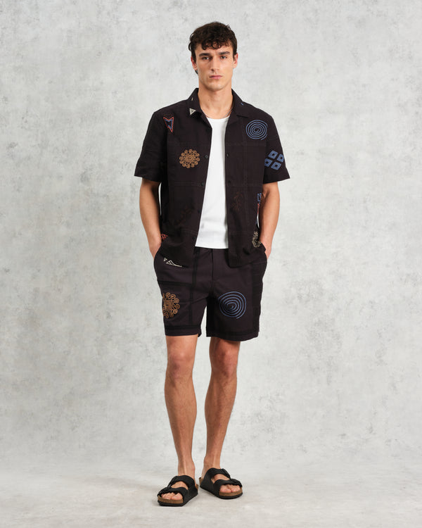 wax london Kurt - Navy Doodle Embroidered Shorts