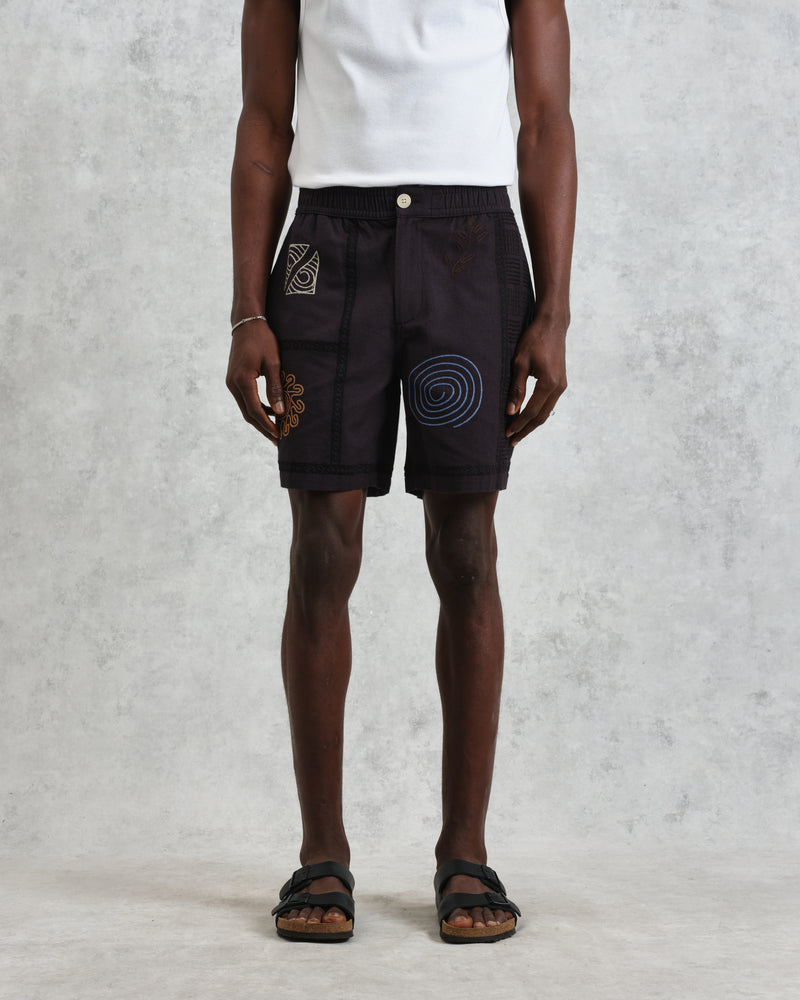 wax london men's Kurt - Navy Doodle Embroidered Shorts