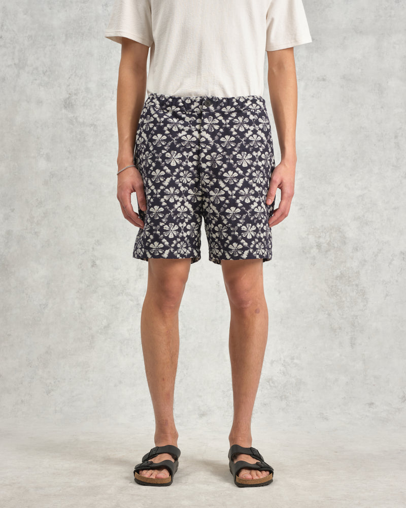 wax london Kurt - Navy Flower Stamp Jacquard Shorts