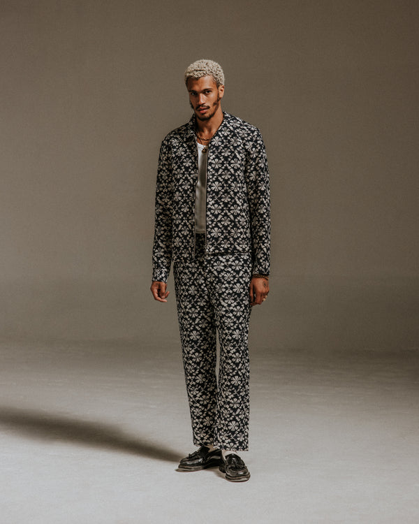 wax london men's Kurt - Navy Flower Stamp Jacquard Trousers