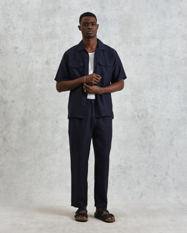 wax london Kurt - Navy Two-Tone Linen Trousers
