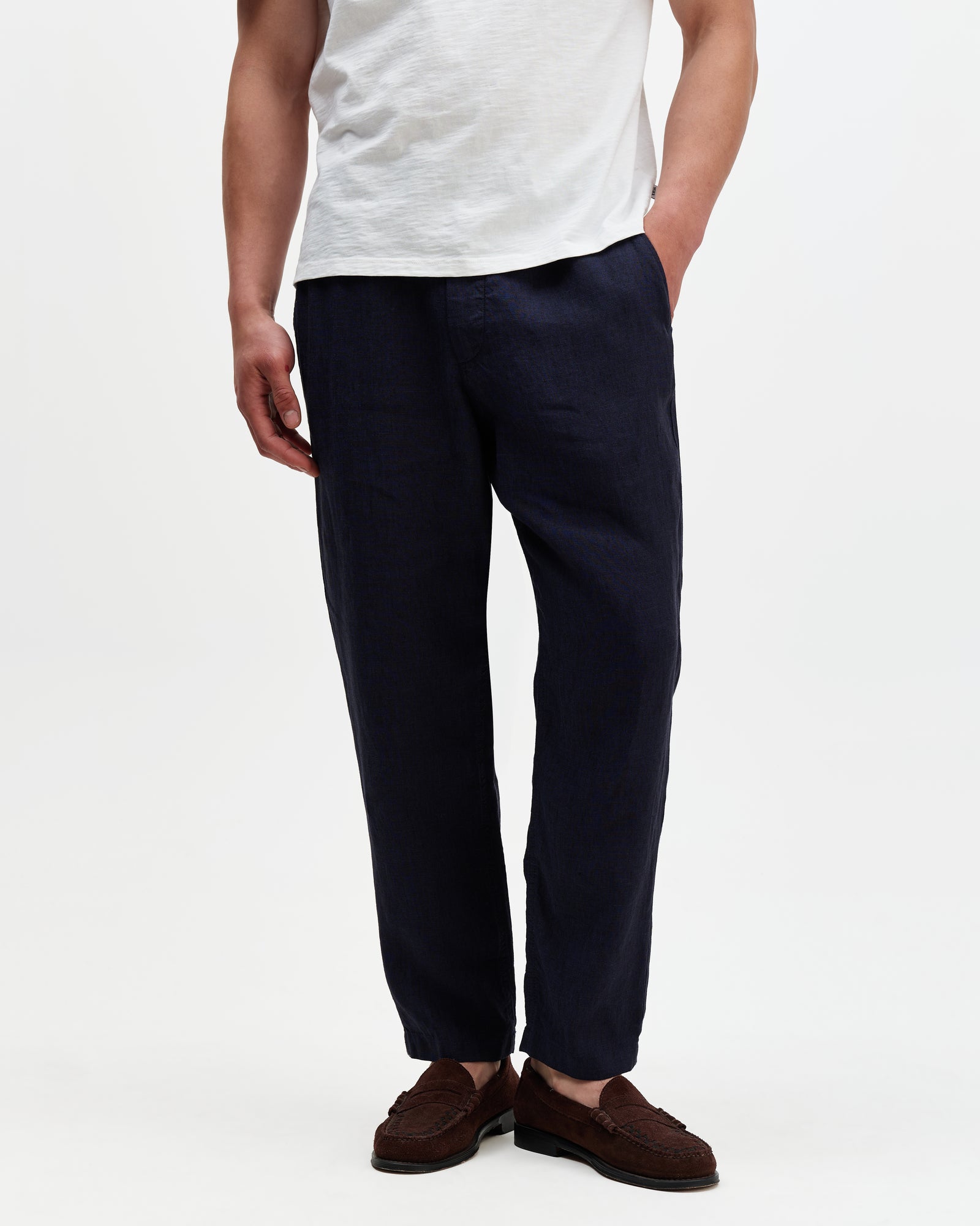 Men's Navy Washed Linen Relaxed Fit Trousers | Wax London