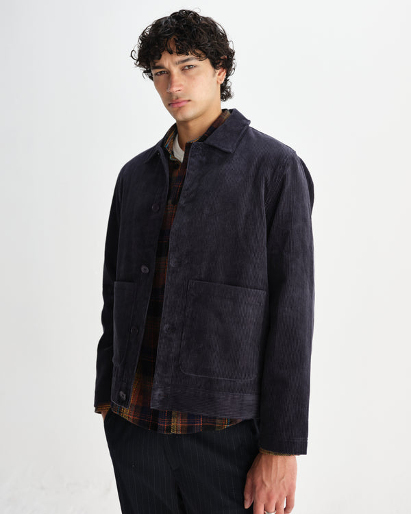wax london men's Landmark - Navy Corduroy Chore Jacket