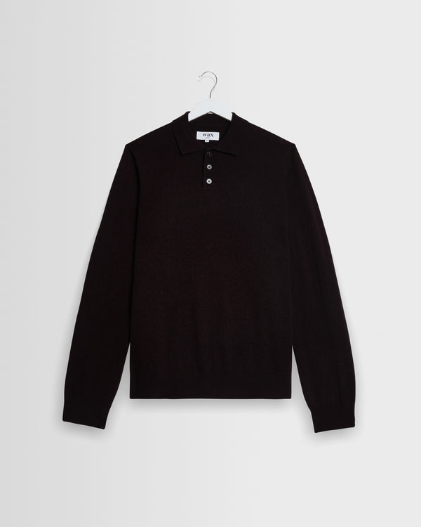 wax london men's Lawrie - Dark Brown Long-Sleeve Knitted Polo