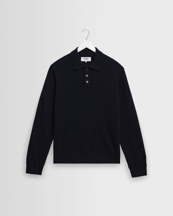 wax london men's Lawrie - Navy Long-Sleeve Knitted Polo
