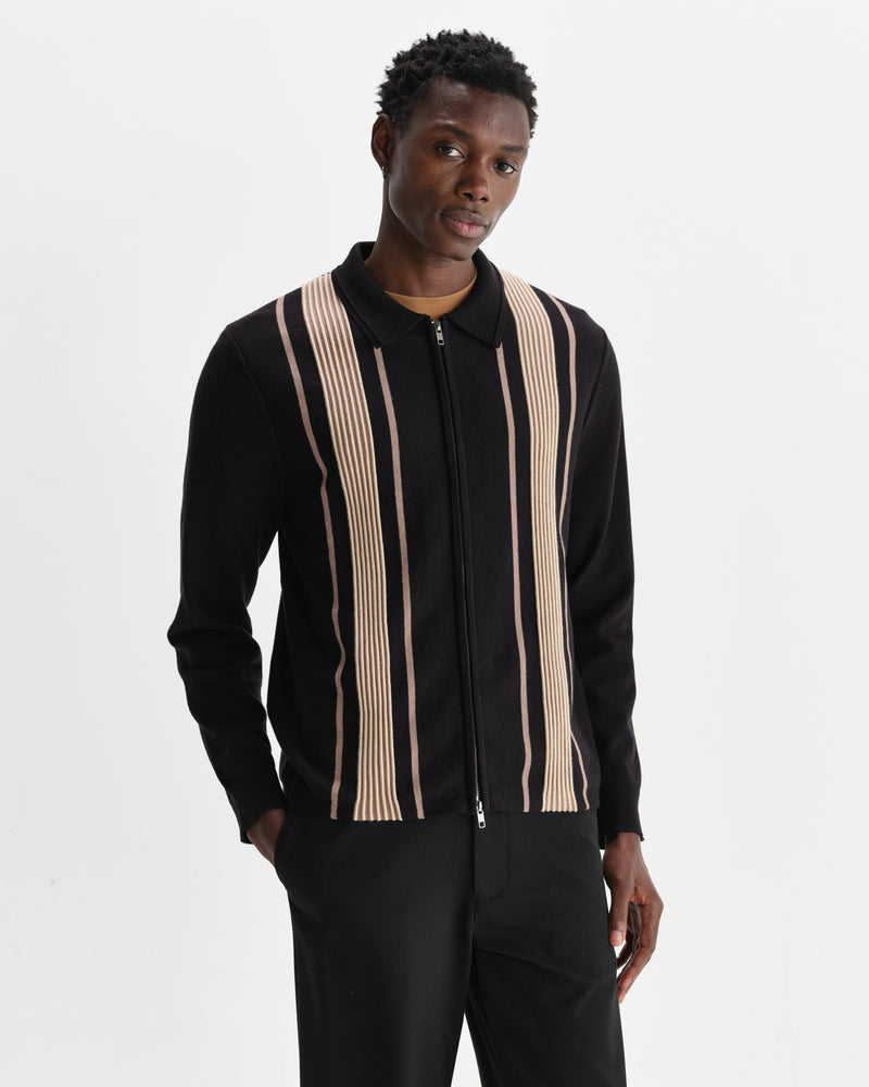 wax london men's Lennox - Black And Beige Milano Stripe Knitted Polo