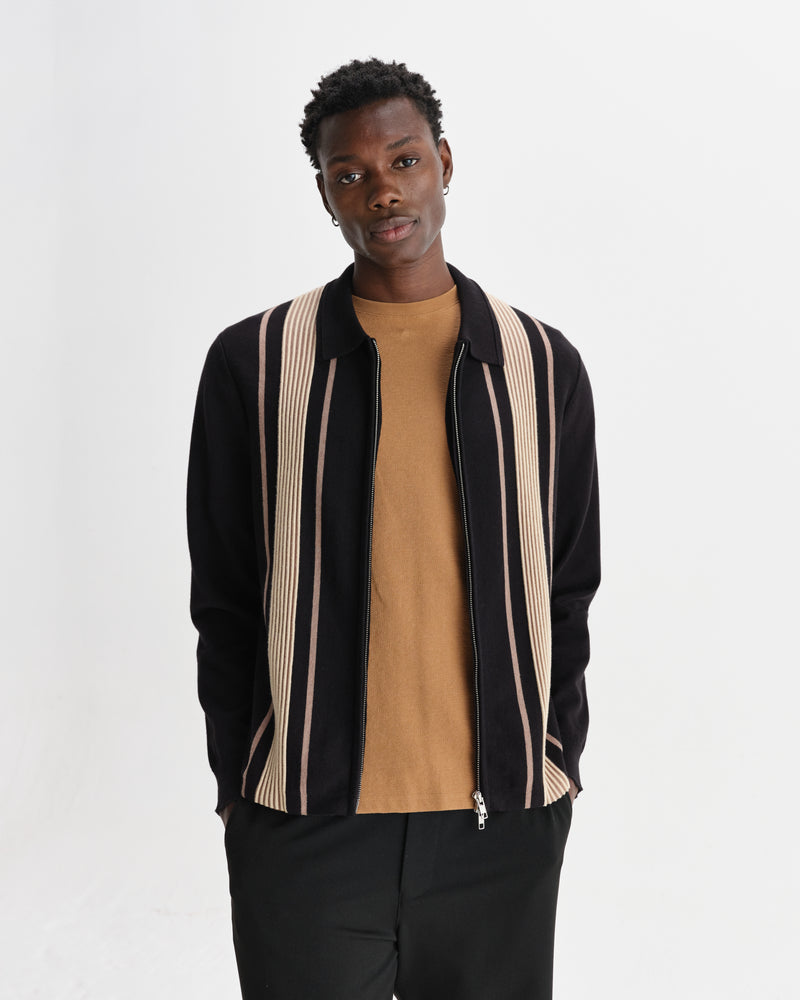 wax london men's Lennox - Black And Beige Milano Stripe Knitted Polo
