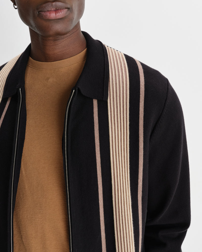 wax london men's Lennox - Black And Beige Milano Stripe Knitted Polo