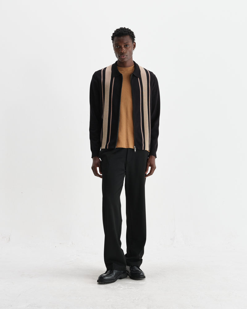 wax london men's Lennox - Black And Beige Milano Stripe Knitted Polo