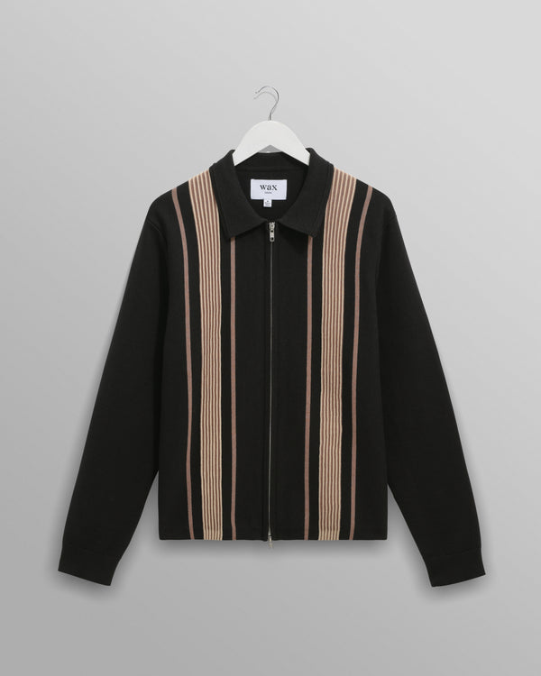 wax london men's Lennox - Black And Beige Milano Stripe Knitted Polo