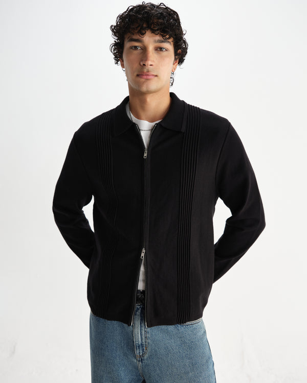 wax london men's Lennox - Black Milano Stripe Knitted Polo