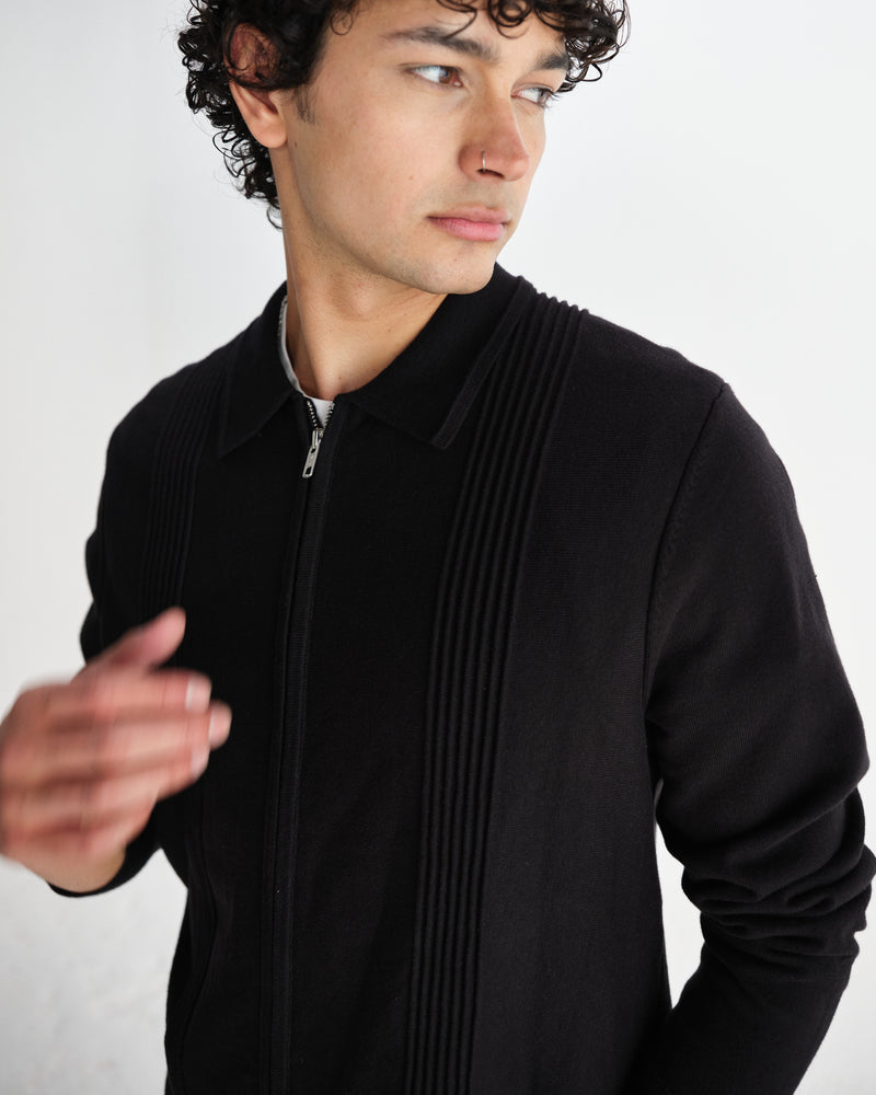 wax london men's Lennox - Black Milano Stripe Knitted Polo