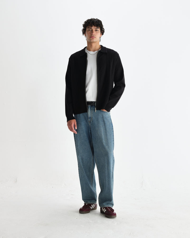wax london men's Lennox - Black Milano Stripe Knitted Polo