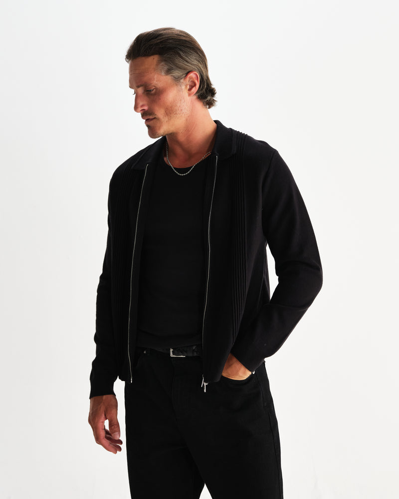 wax london men's Lennox - Black Milano Stripe Knitted Polo