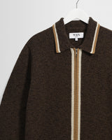 wax london men's Lennox - Brown And Natural Long-Sleeve Knitted Zip Polo