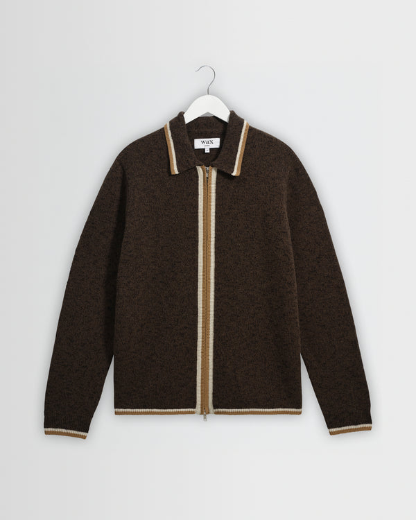 wax london men's Lennox - Brown And Natural Long-Sleeve Knitted Zip Polo