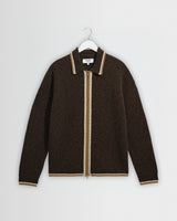 wax london men's Lennox - Brown And Natural Long-Sleeve Knitted Zip Polo