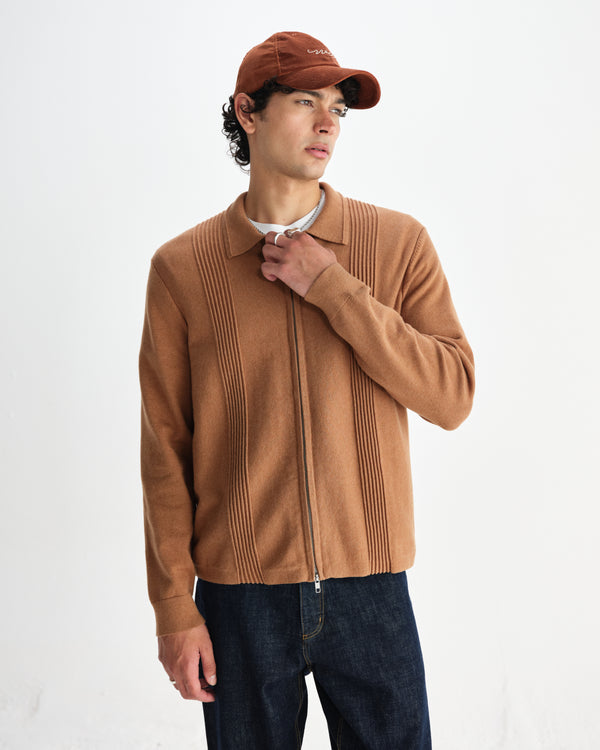 wax london men's Lennox - Camel Milano Stripe Knitted Polo