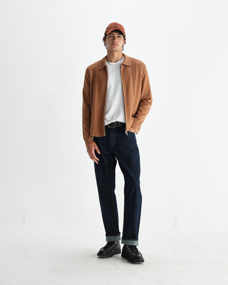 wax london men's Lennox - Camel Milano Stripe Knitted Polo