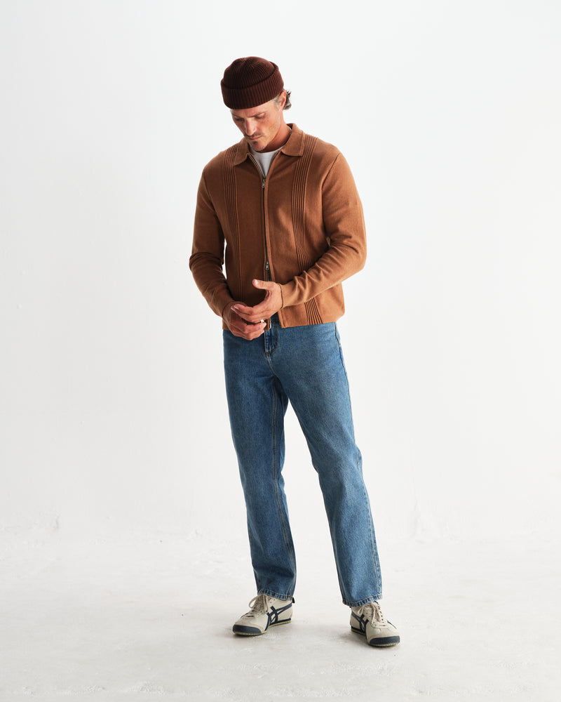 wax london men's Lennox - Camel Milano Stripe Knitted Polo