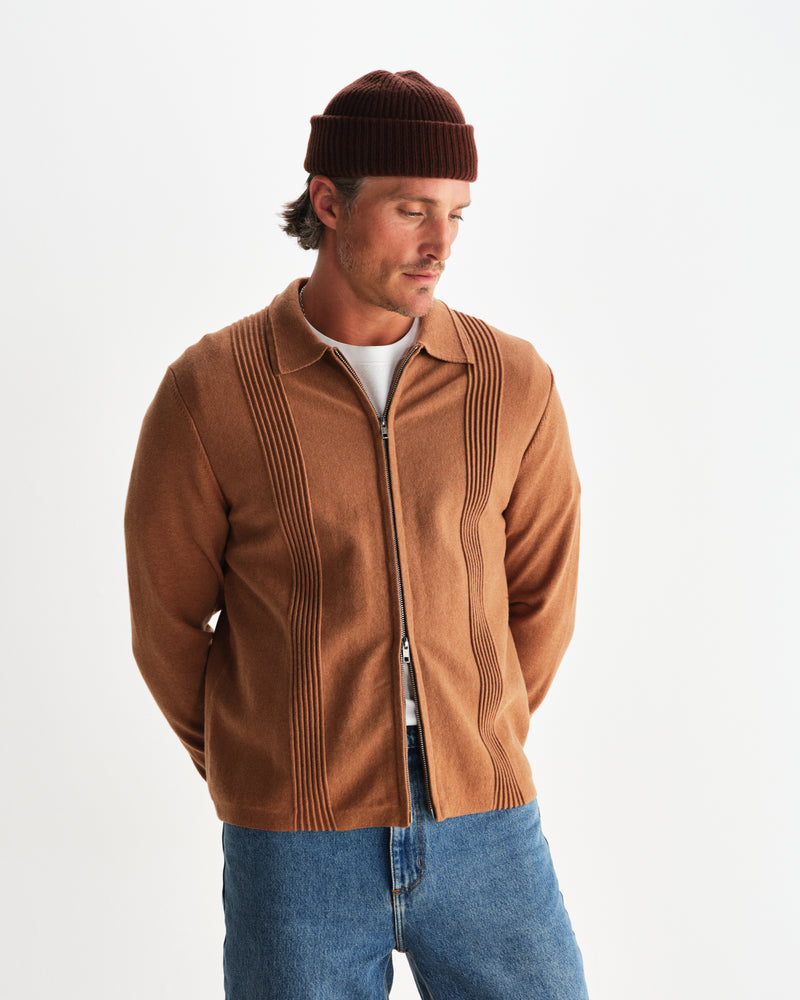 wax london men's Lennox - Camel Milano Stripe Knitted Polo