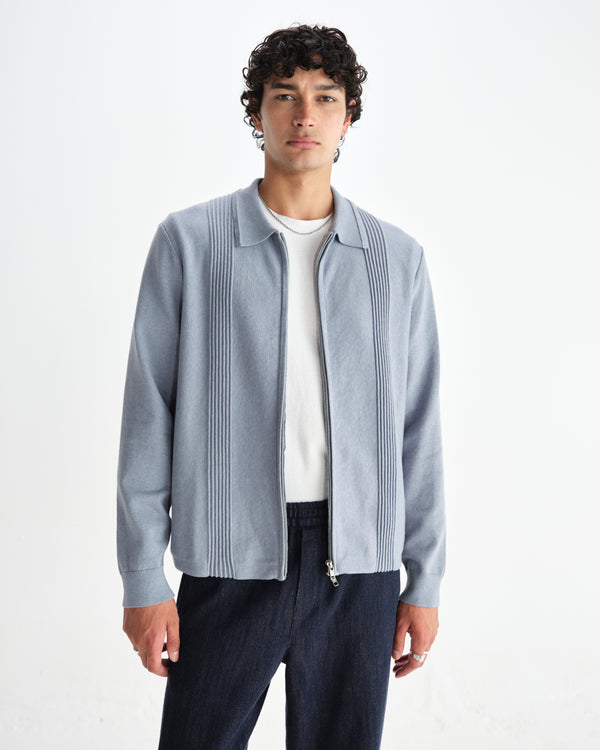 wax london men's Lennox - Grey Blue Milano Stripe Knitted Polo