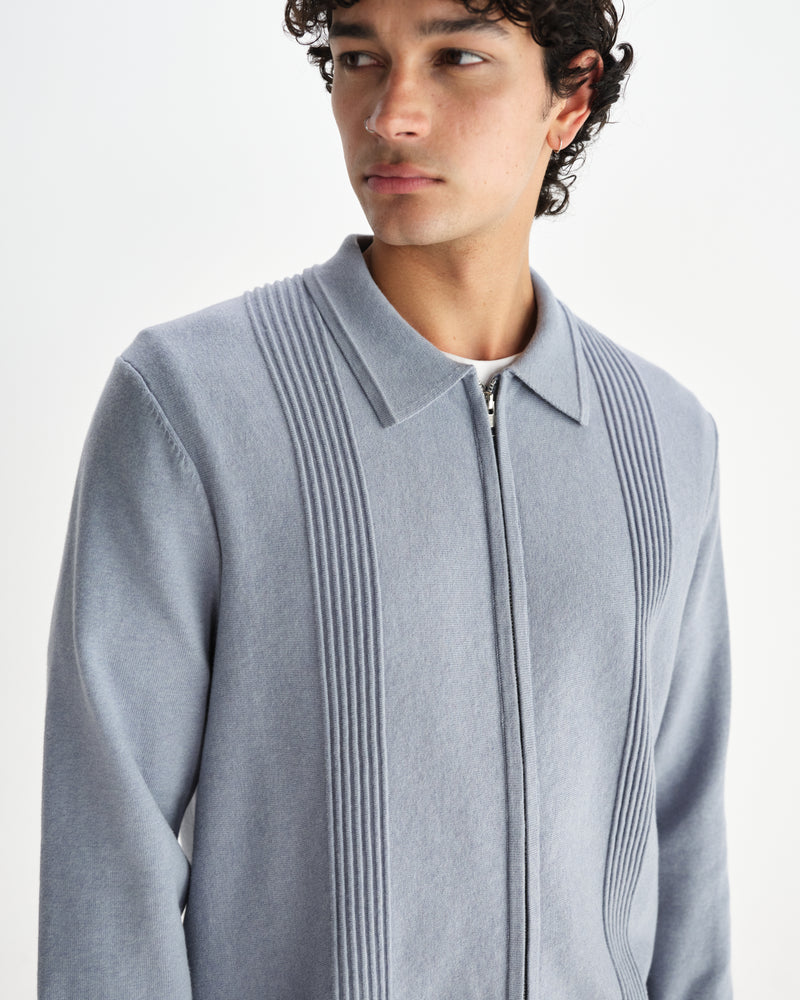 wax london men's Lennox - Grey Blue Milano Stripe Knitted Polo