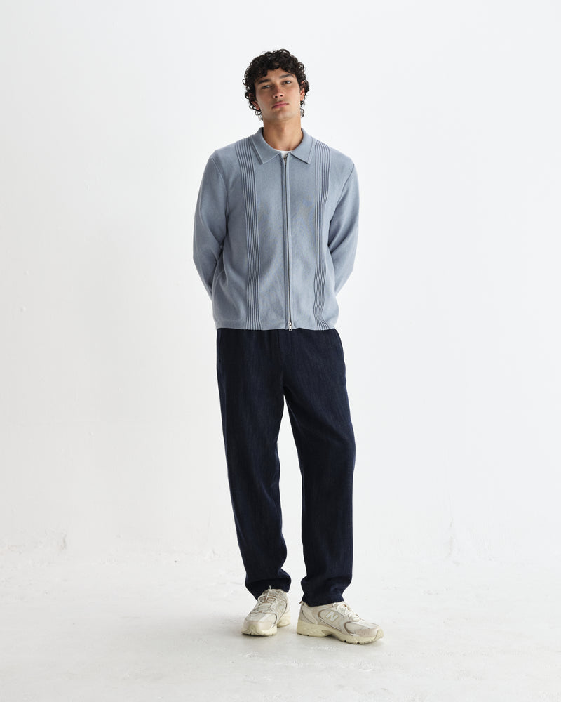 wax london men's Lennox - Grey Blue Milano Stripe Knitted Polo