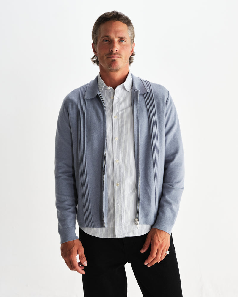 wax london men's Lennox - Grey Blue Milano Stripe Knitted Polo