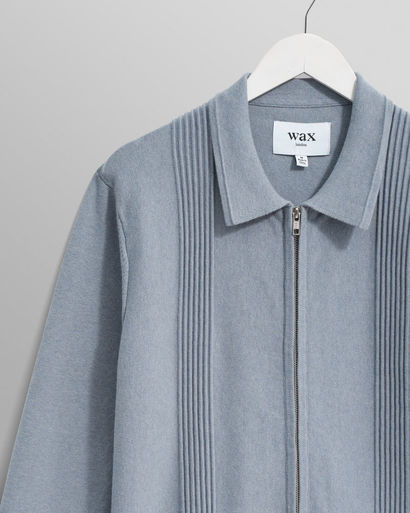 wax london men's Lennox - Grey Blue Milano Stripe Knitted Polo