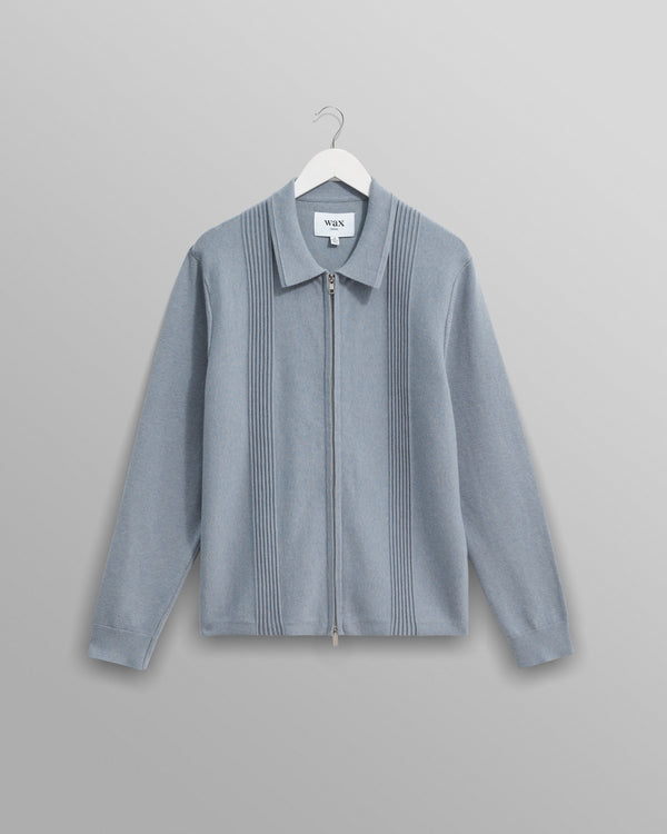 wax london men's Lennox - Grey Blue Milano Stripe Knitted Polo