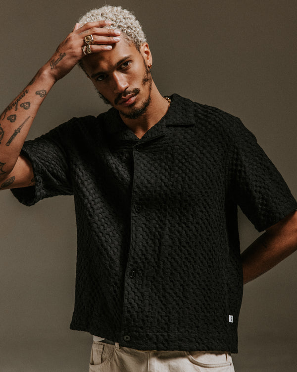 wax london men's Lido - Black Dobby Cotton Weave Short-Sleeve Shirt