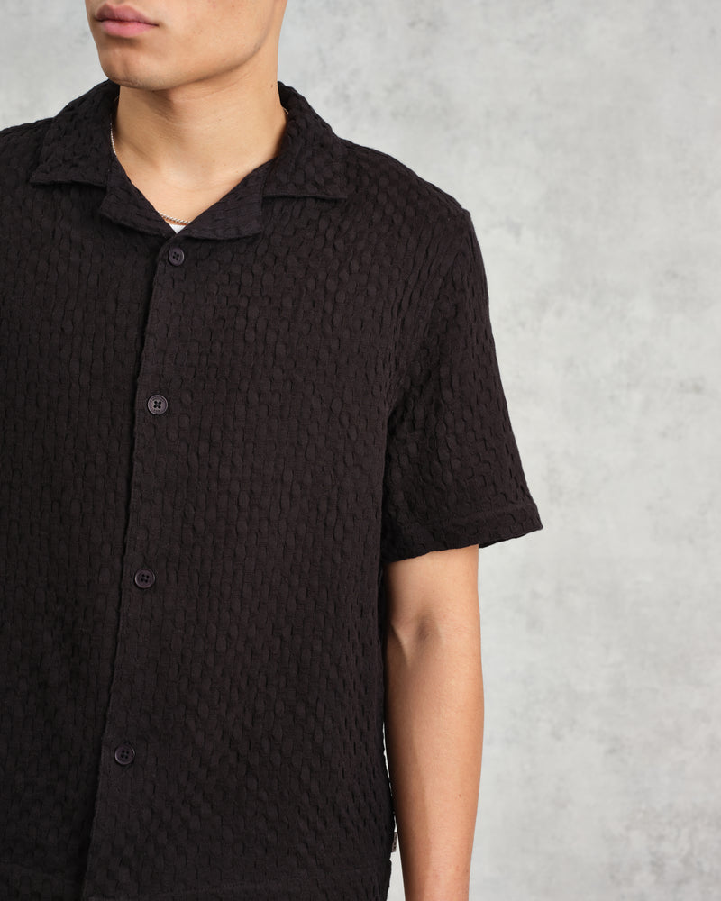 wax london Lido - Black Dobby Cotton Weave Short-Sleeve Shirt