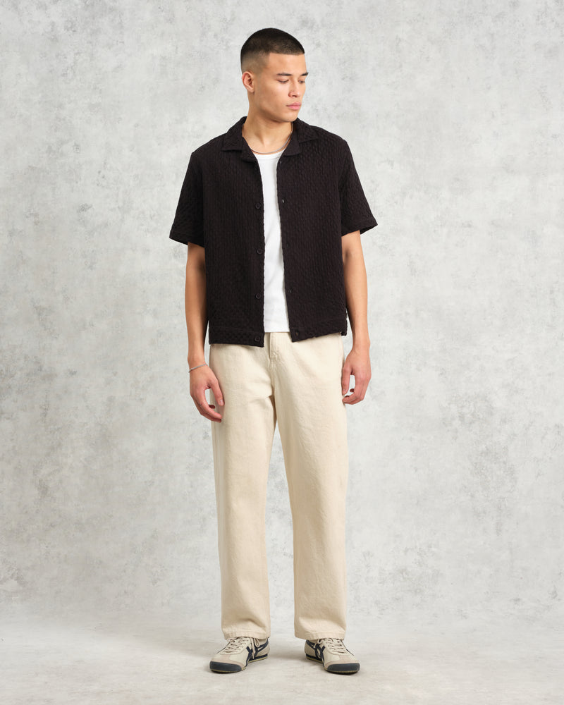 wax london Lido - Black Dobby Cotton Weave Short-Sleeve Shirt