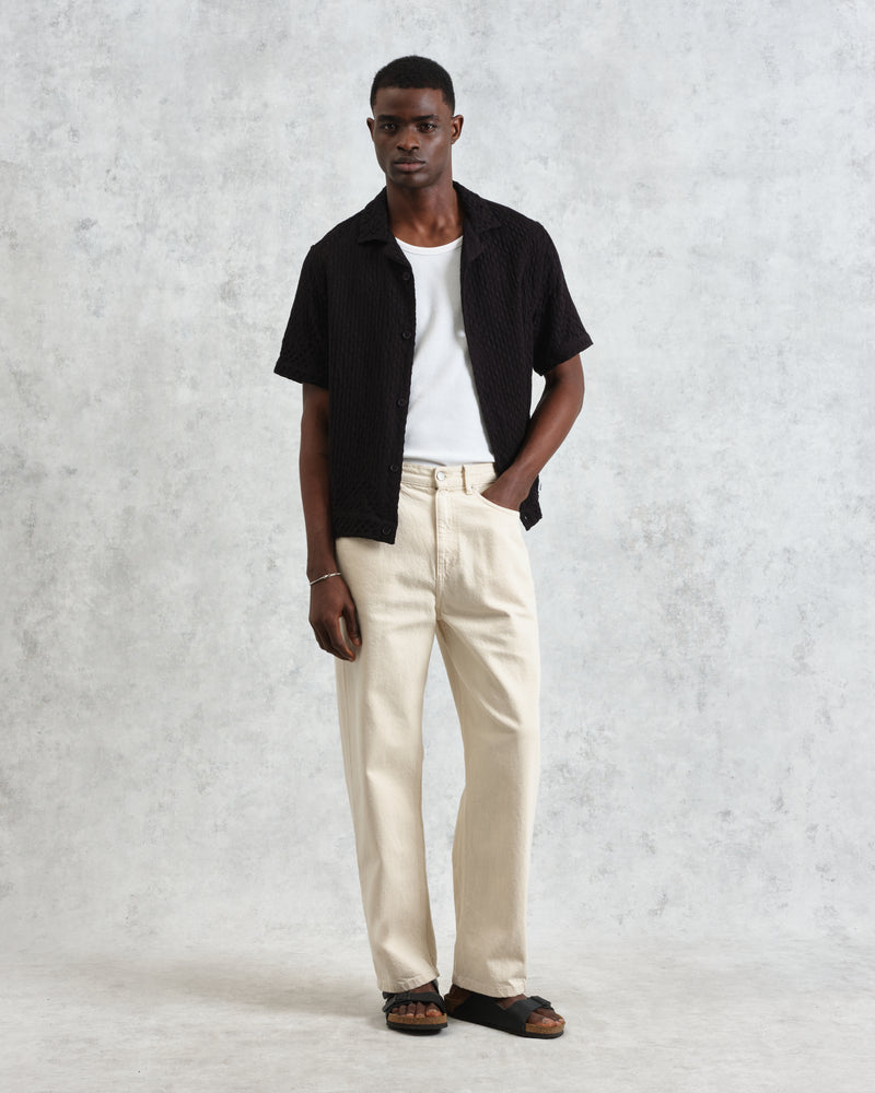 wax london men's Lido - Black Dobby Cotton Weave Short-Sleeve Shirt