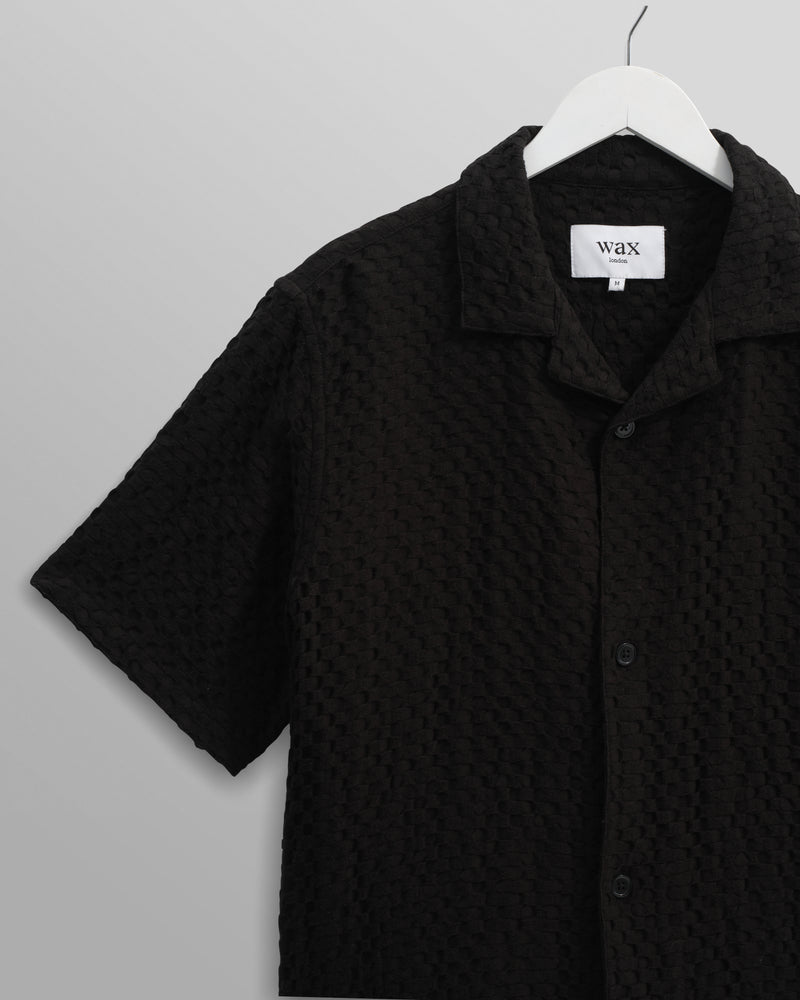 wax london Lido - Black Dobby Cotton Weave Short-Sleeve Shirt