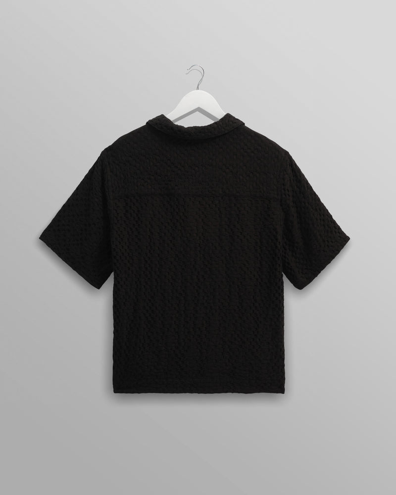 wax london Lido - Black Dobby Cotton Weave Short-Sleeve Shirt