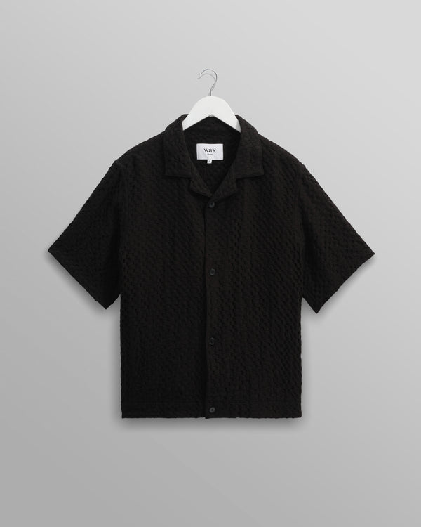 wax london men's Lido - Black Dobby Cotton Weave Short-Sleeve Shirt