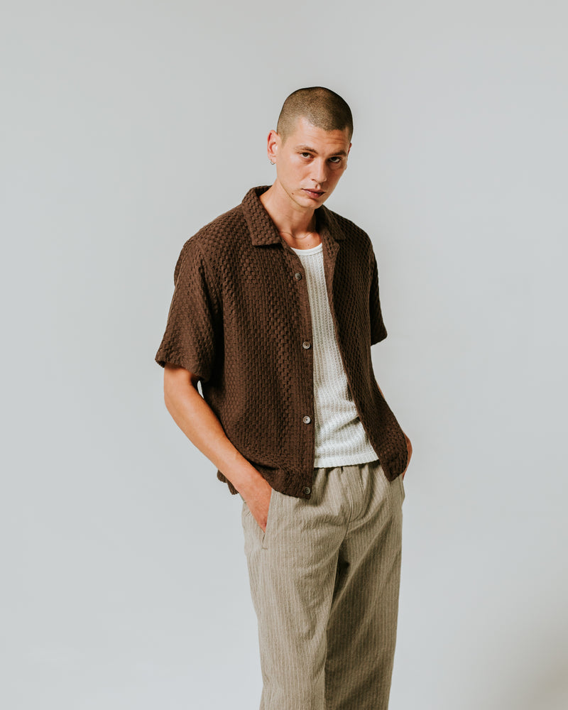 wax london Lido - Brown Dobby Cotton Weave Short-Sleeve Shirt