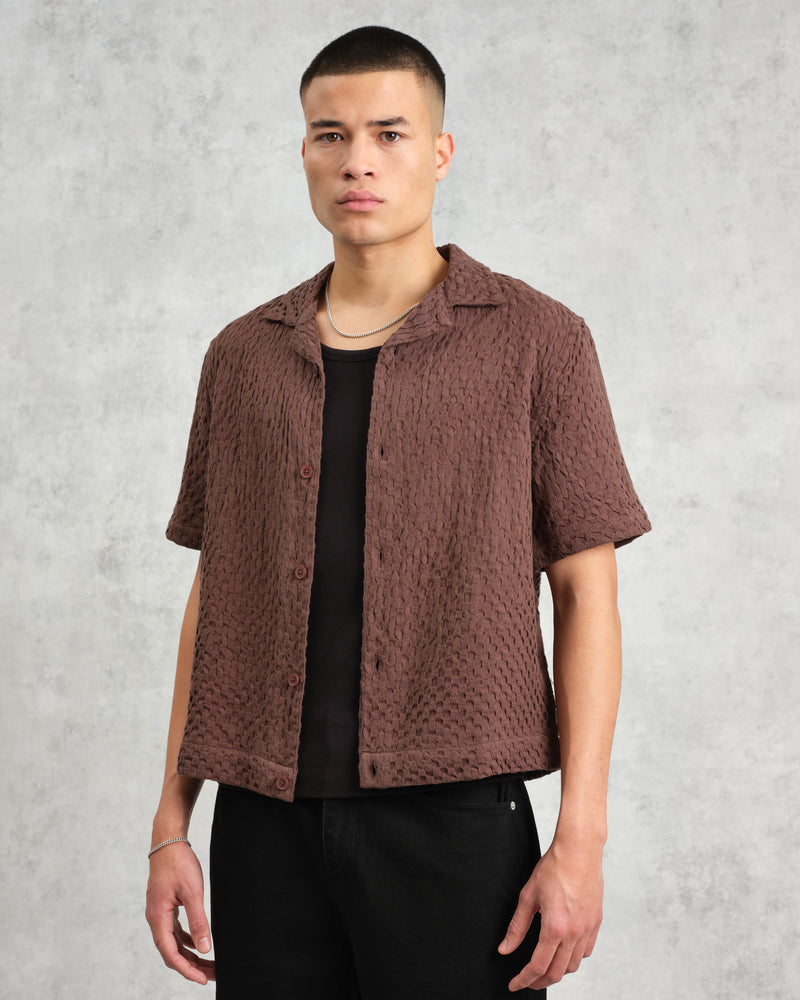 wax london Lido - Brown Dobby Cotton Weave Short-Sleeve Shirt