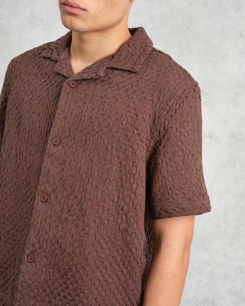 wax london Lido - Brown Dobby Cotton Weave Short-Sleeve Shirt