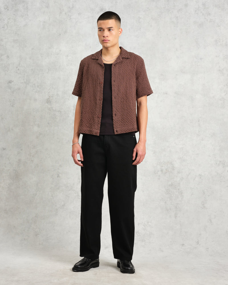 wax london Lido - Brown Dobby Cotton Weave Short-Sleeve Shirt