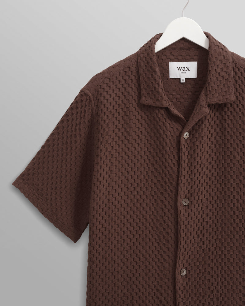 wax london Lido - Brown Dobby Cotton Weave Short-Sleeve Shirt