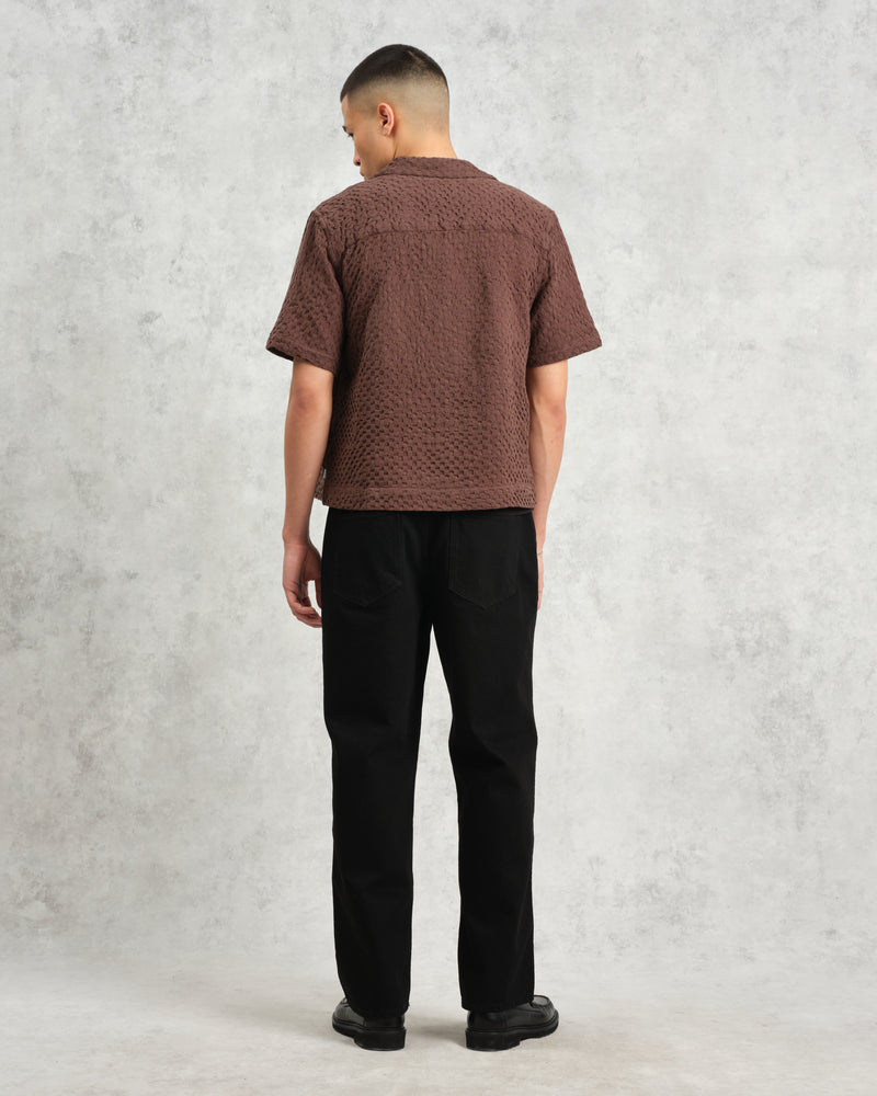 wax london Lido - Brown Dobby Cotton Weave Short-Sleeve Shirt