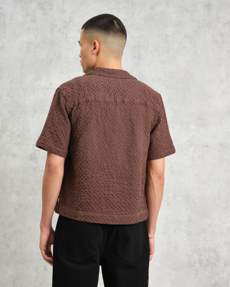 wax london Lido - Brown Dobby Cotton Weave Short-Sleeve Shirt