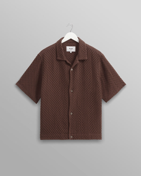 wax london Lido - Brown Dobby Cotton Weave Short-Sleeve Shirt